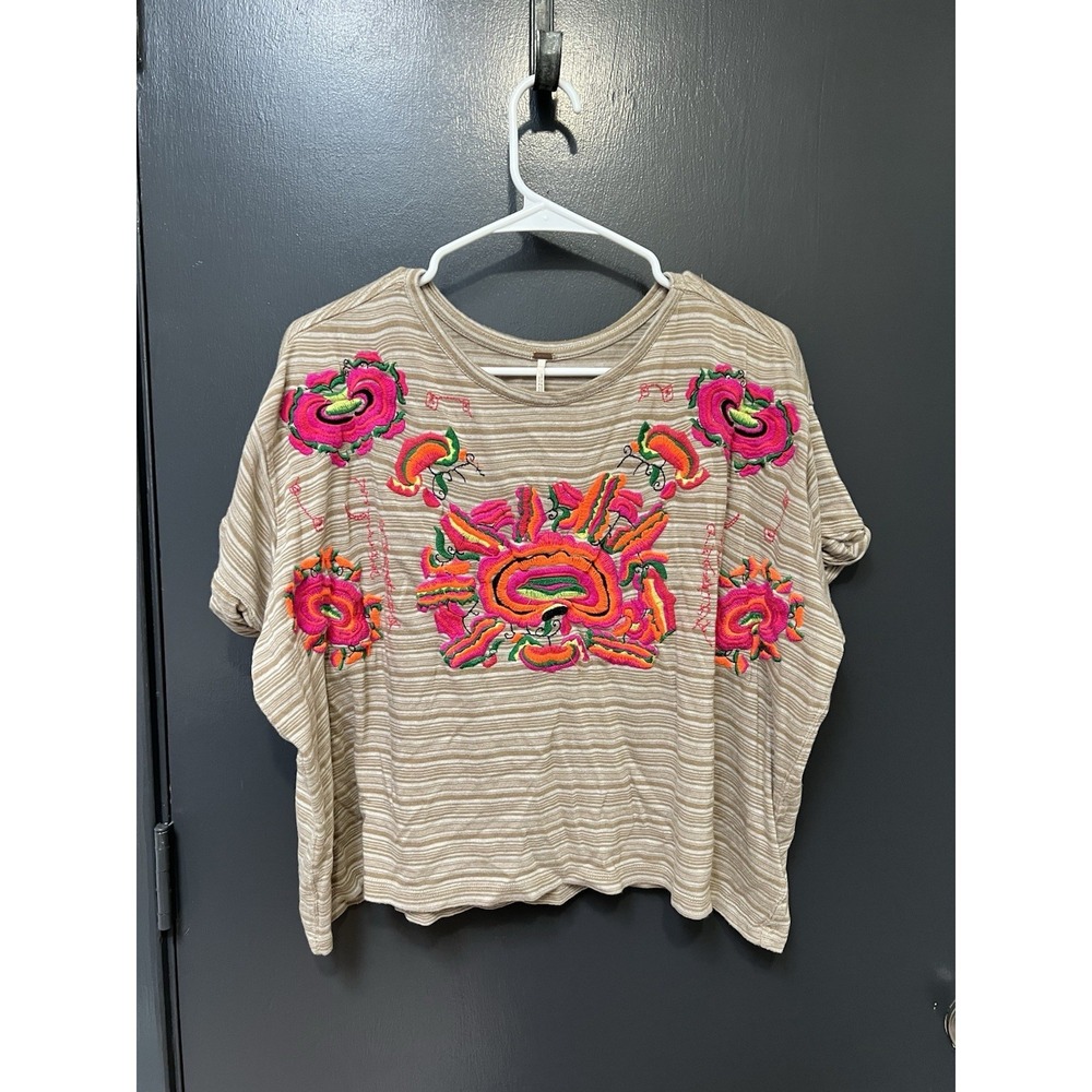Free People Women's Catalunya Striped Embroidered Shirt Size XS Multicolor Boho